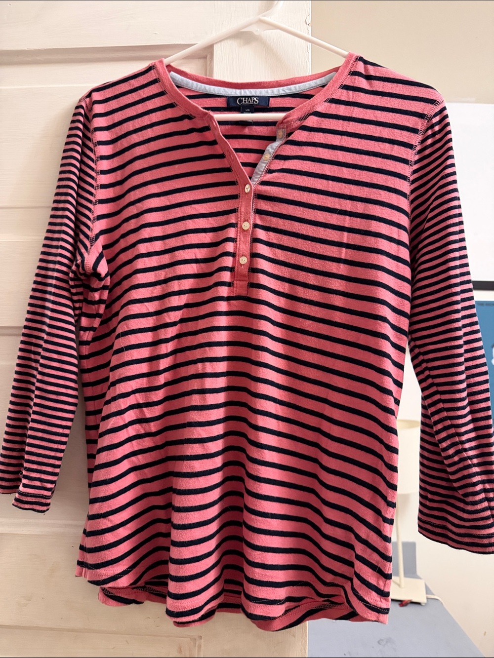 Chaps Pink and Black Striped Long-Sleeve Henley Top